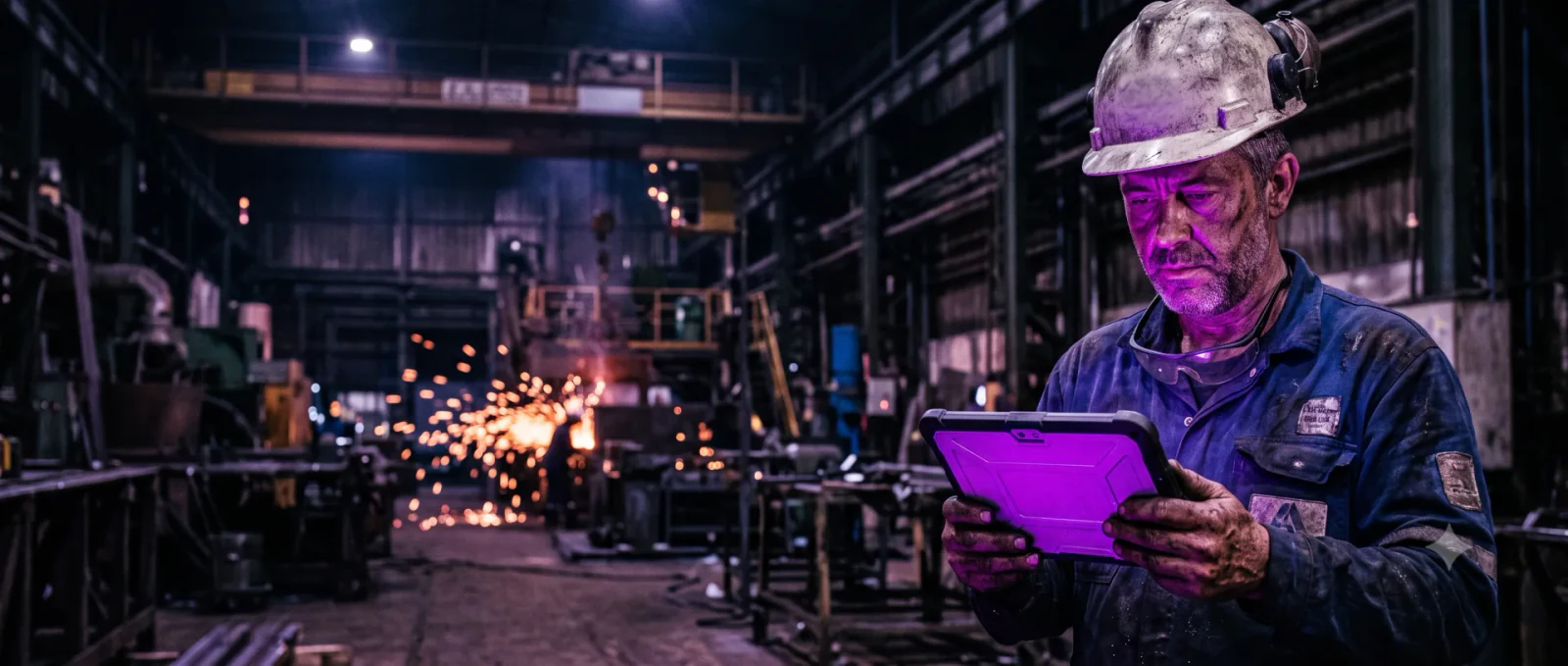 Operador de capacete consultando um tablet no piso de uma fábrica metalúrgica