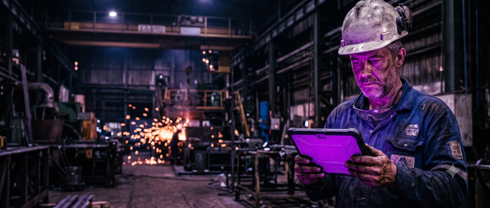 Operador de capacete consultando um tablet no piso de uma fábrica metalúrgica